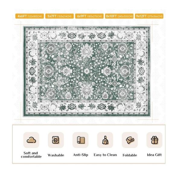 5’x7’ Washable Area Rug Machine Washable Vintage Carpet, Green - Picture 6 of 7